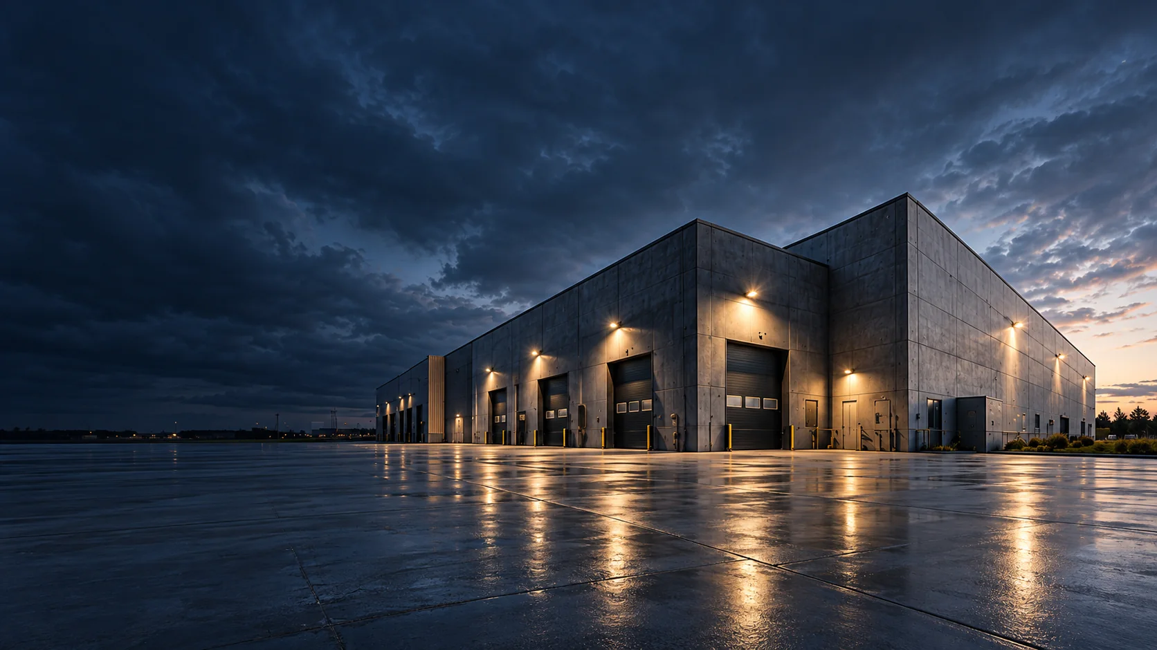 Modern commercial building with loading dock doors and a broad concrete truck apron